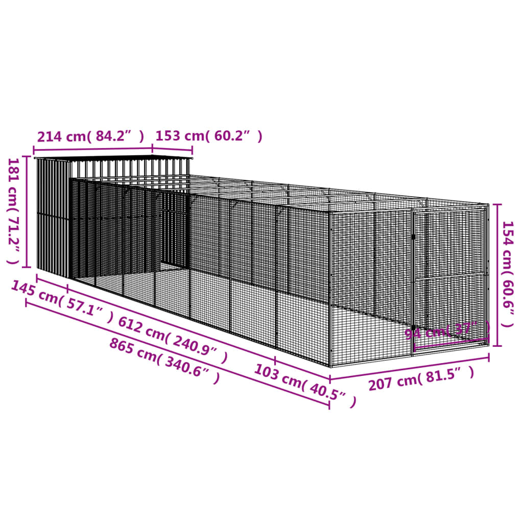 Casetta Cani con Corsa Antracite 214x865x181 cm Acciaio Zincato - homemem39