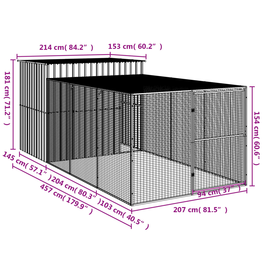 Casetta Cani con Corsa Antracite 214x457x181 cm Acciaio Zincato - homemem39
