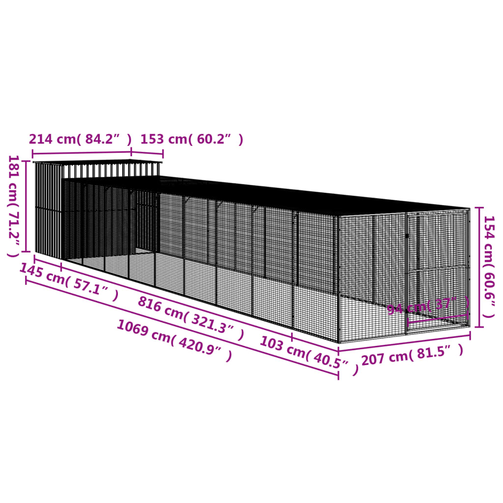 Casetta Cani con Corsa Antracite 214x1069x181cm Acciaio Zincato - homemem39