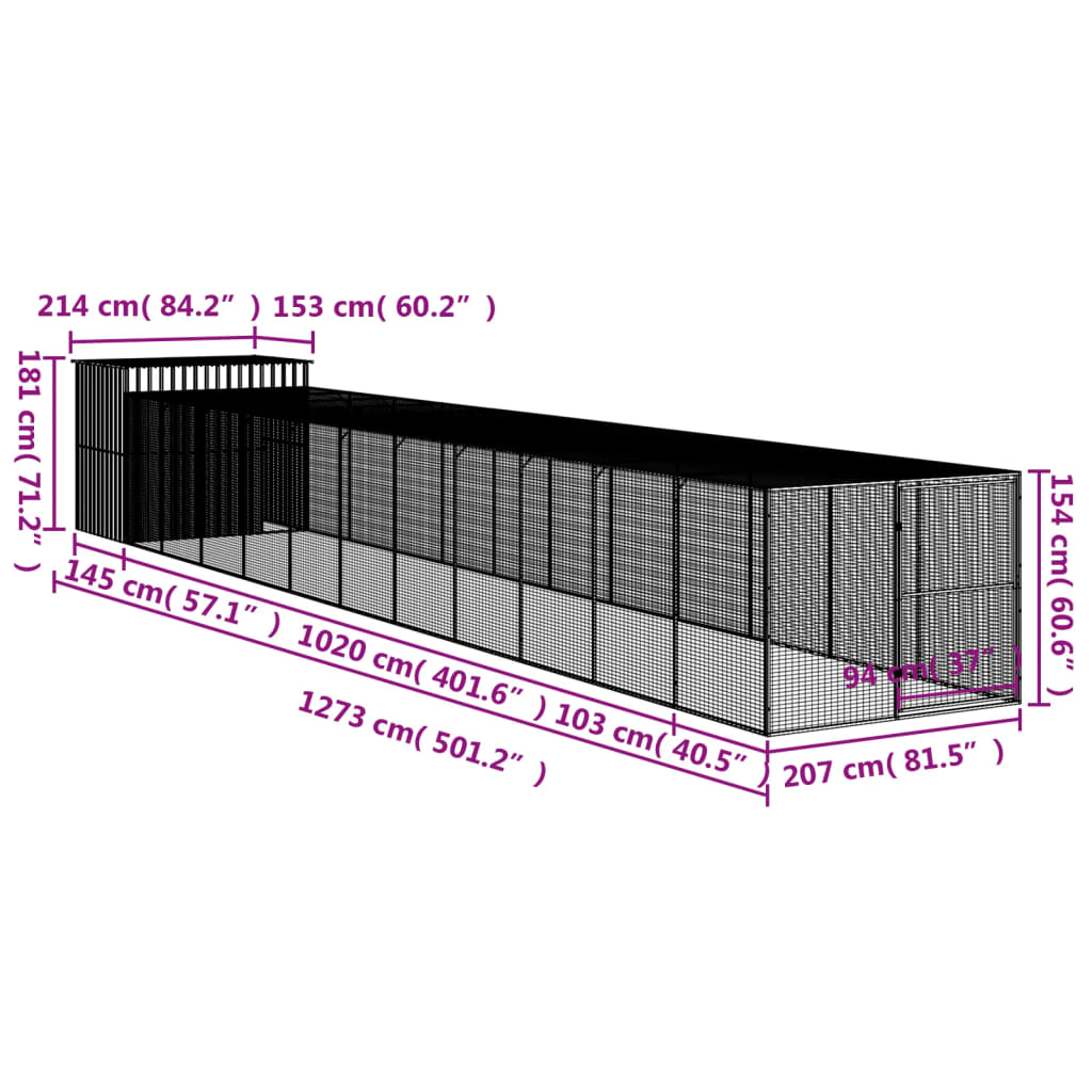 Casetta Cani con Corsa Antracite 214x1273x181cm Acciaio Zincato - homemem39