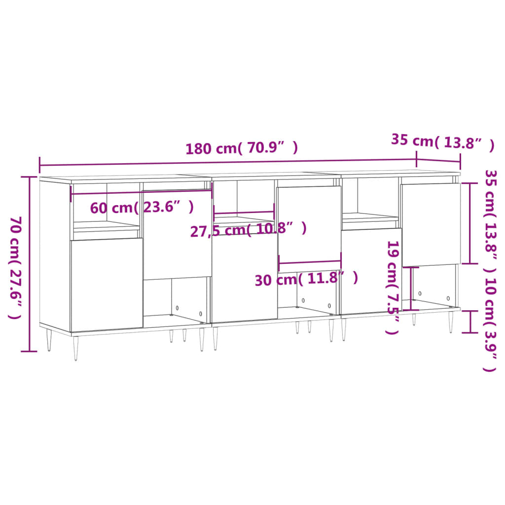 Credenze 3 pz Grigio Sonoma in Legno Multistrato - homemem39