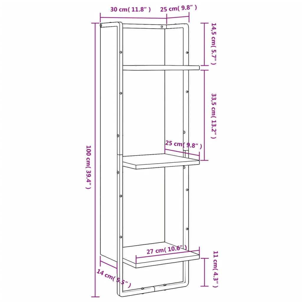Scaffale Parete 3 Ripiani Rovere Sonoma 30x25x100cm Multistrato | homemem39