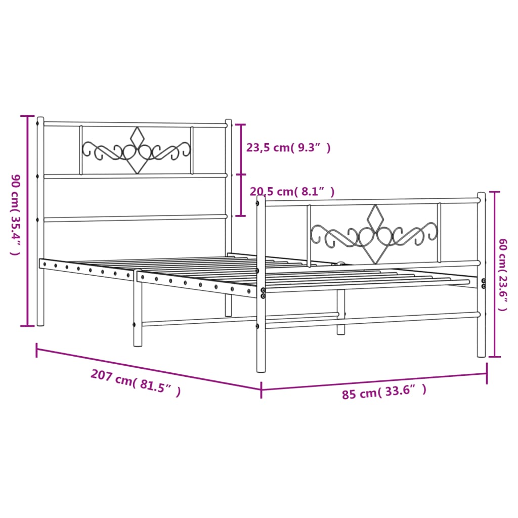 Giroletto con Testiera e Pediera Metallo Nero 80x200 cm | homemem39
