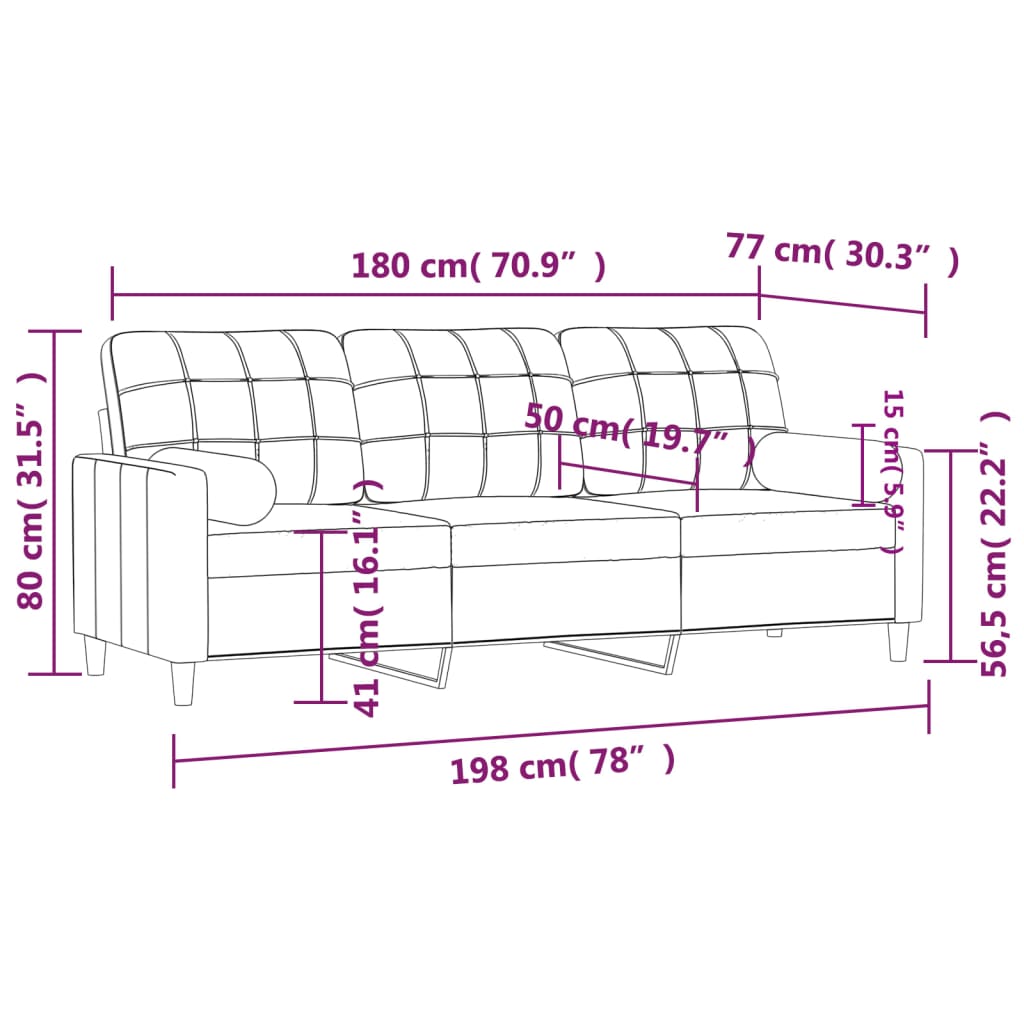 Divano a 3 Posti con Cuscini Crema 180 cm in Tessuto - homemem39