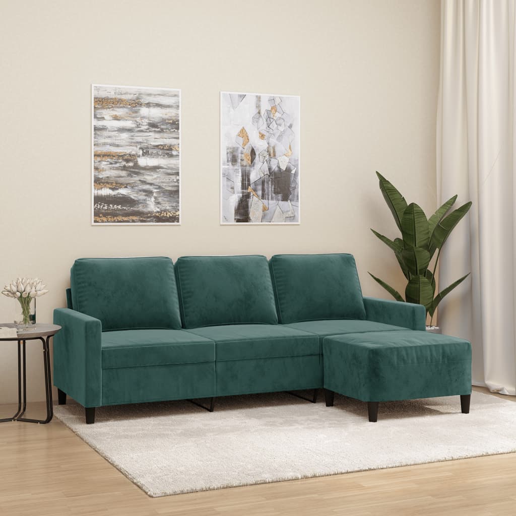 Divano a 3 Posti con Poggiapiedi Verde scuro 180 cm in Velluto
