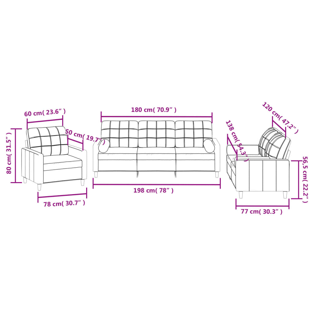 Set Divani 3 pz con Cuscini Tortora in Tessuto | homemem39