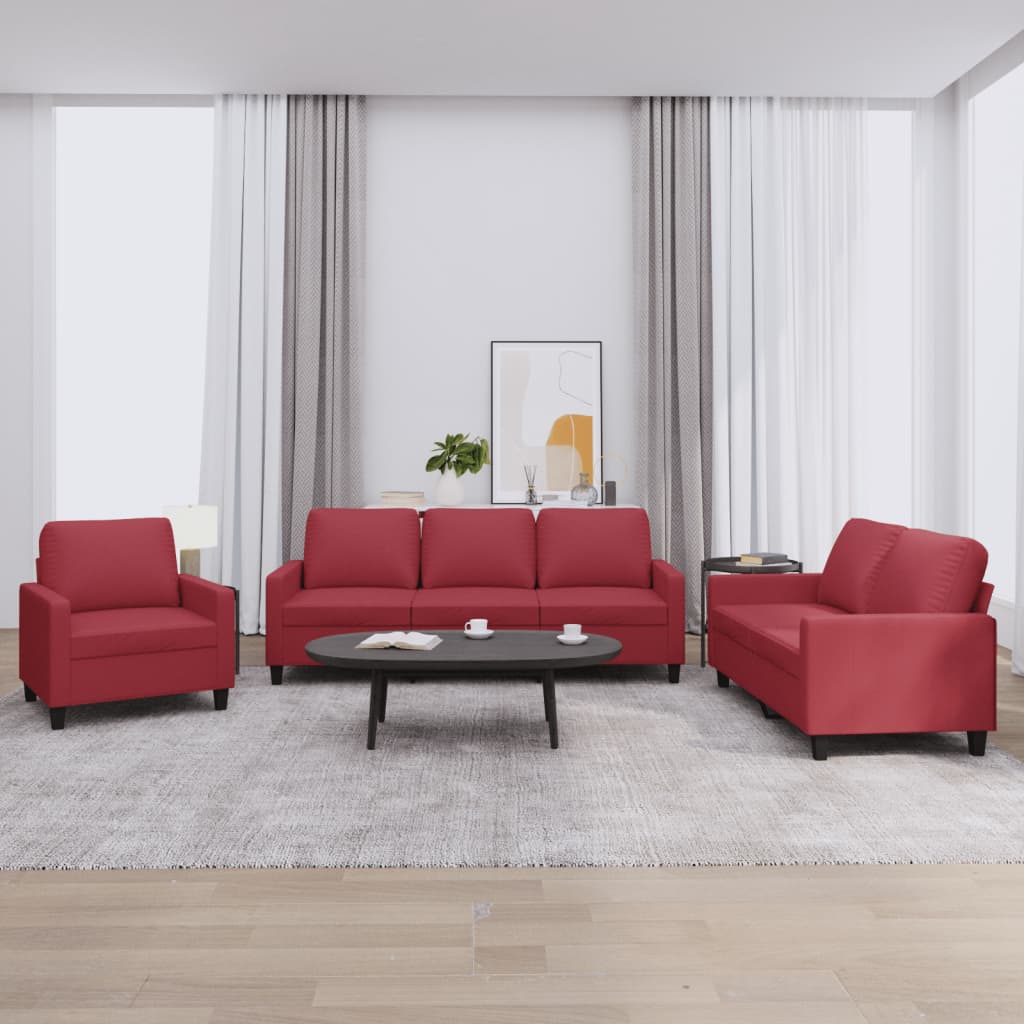 Set di Divani 3 pz con Cuscini Rosso Vino in Similpelle