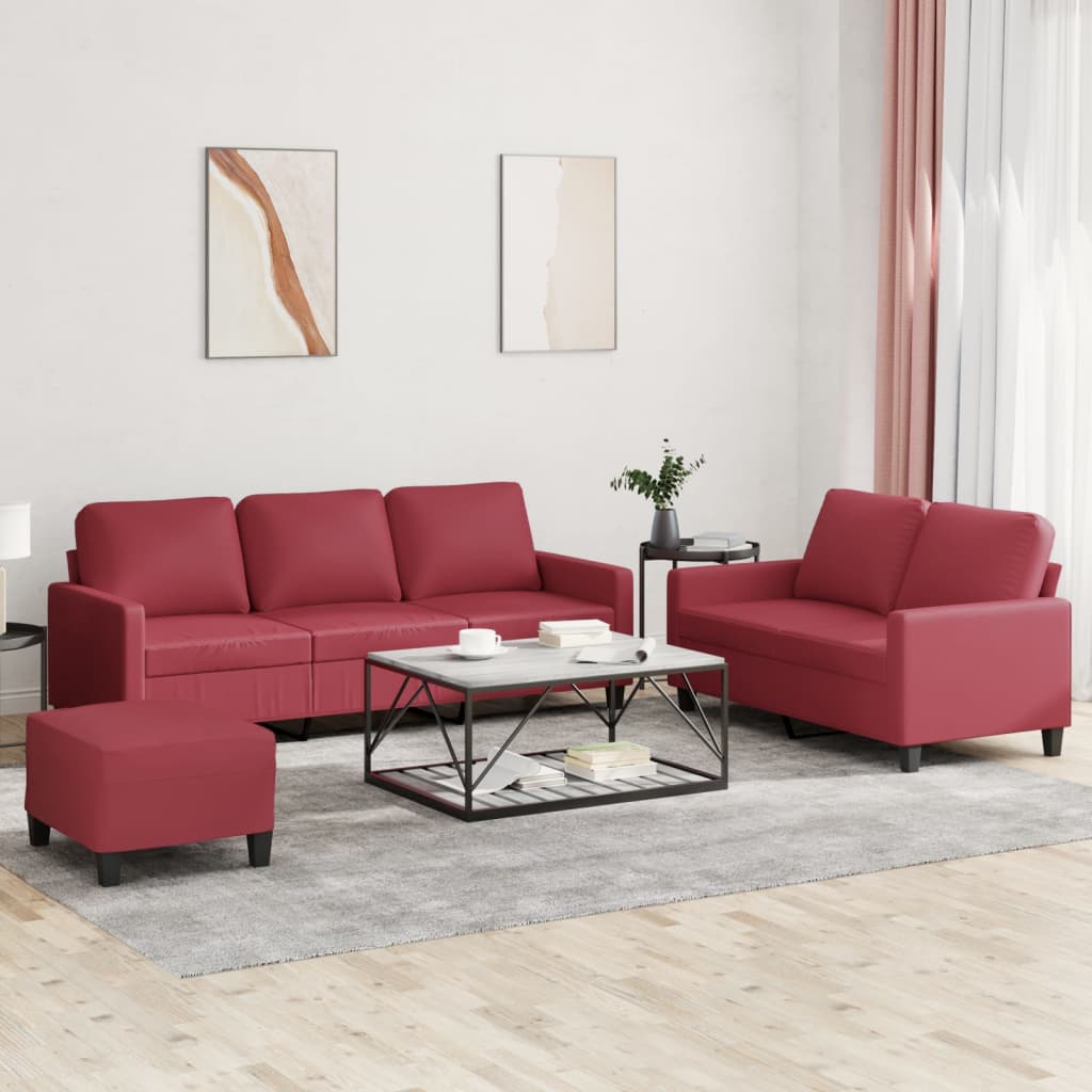Set di Divani 3 pz con Cuscini Rosso Vino in Similpelle