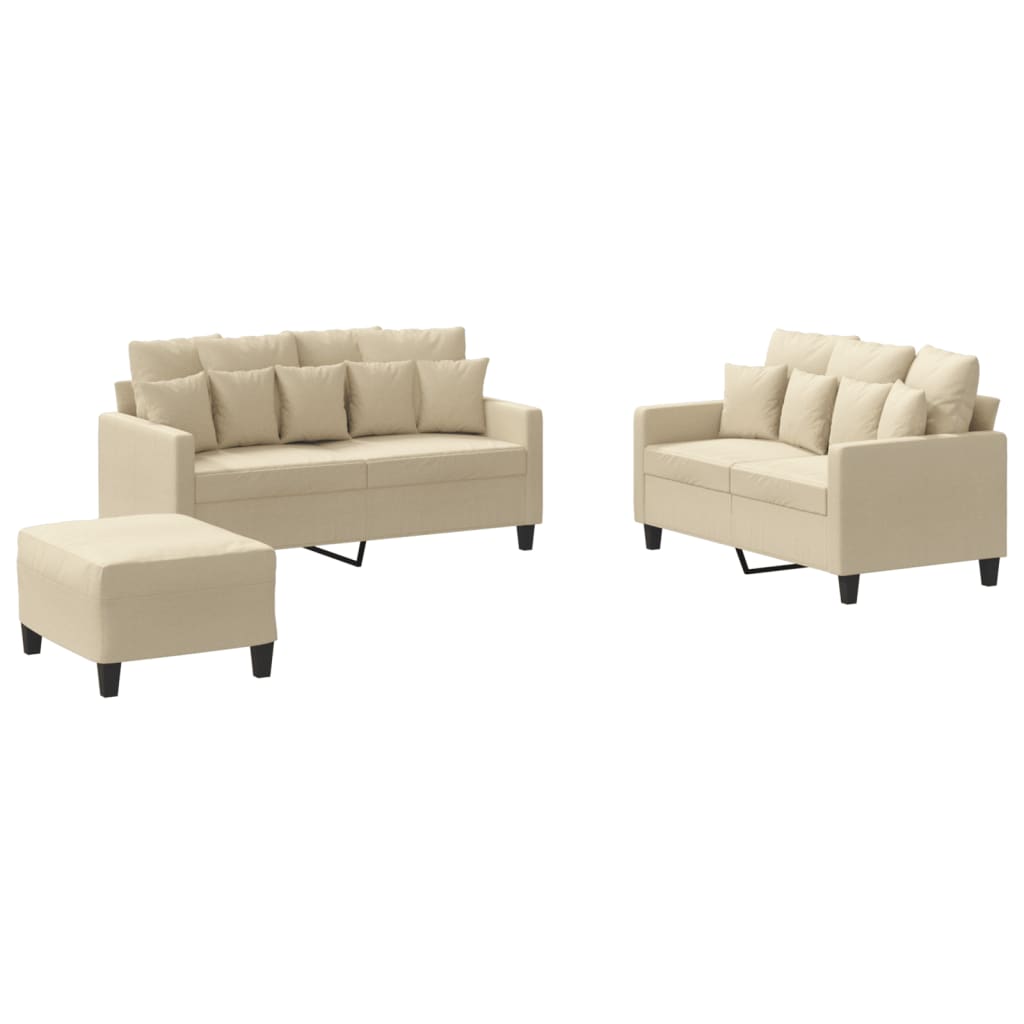 Set di Divani 3 pz con Cuscini Crema in Tessuto