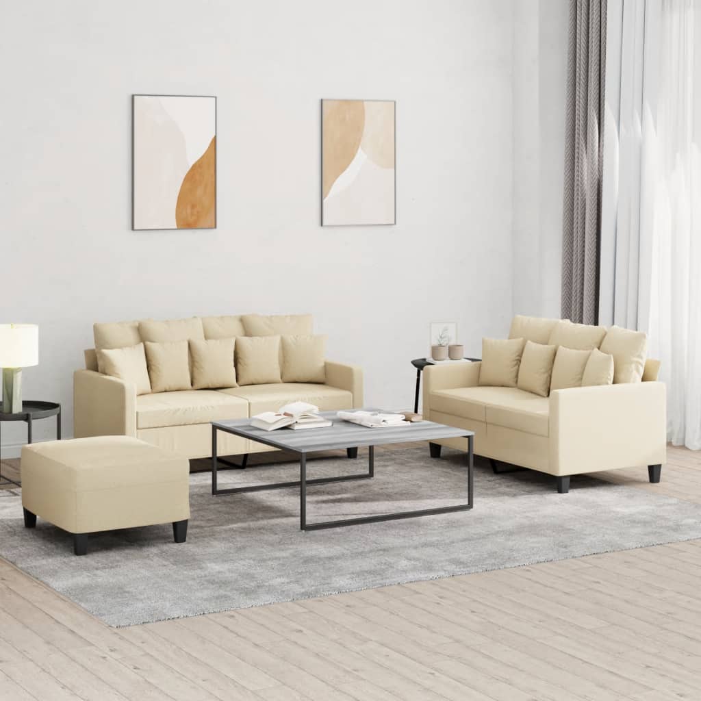 Set di Divani 3 pz con Cuscini Crema in Tessuto