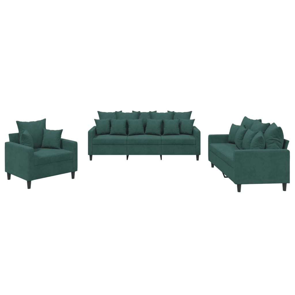 Set di Divani 3 pz con Cuscini Verde scuro in Velluto