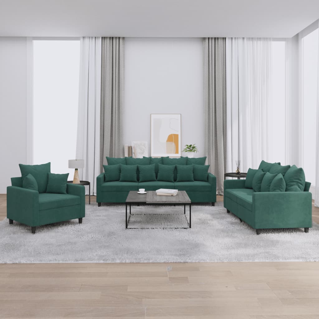 Set di Divani 3 pz con Cuscini Verde scuro in Velluto