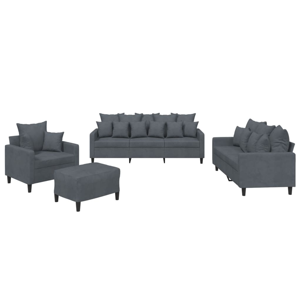 Set di Divani 4 pz con Cuscini Grigio Scuro in Velluto