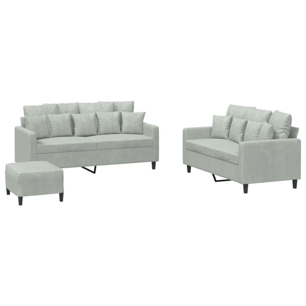Set di Divani 3 pz con Cuscini Grigio Chiaro in Velluto