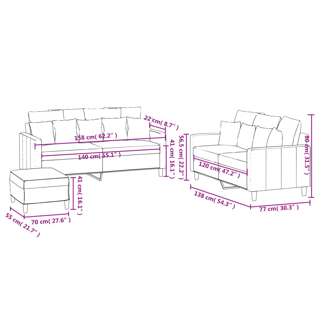 Set di Divani 3 pz con Cuscini rosa in Velluto | homemem39