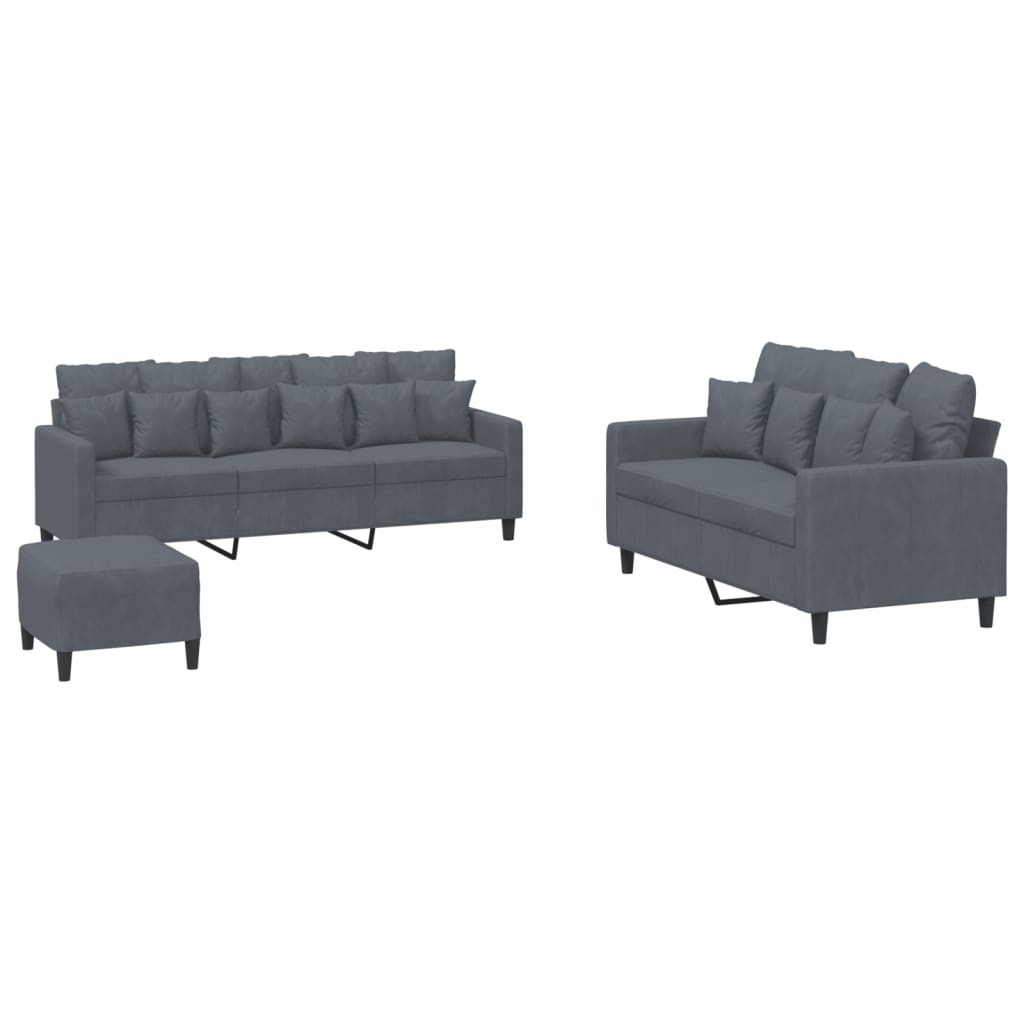 Set di Divani 3 pz con Cuscini Grigio Scuro in Velluto