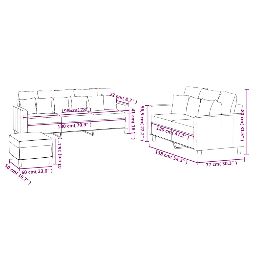 Set di Divani 3 pz con Cuscini Crema in Velluto | homemem39