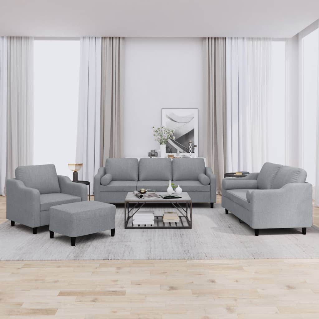 Set Divani 4 pz con Cuscini Grigio Chiaro in Tessuto
