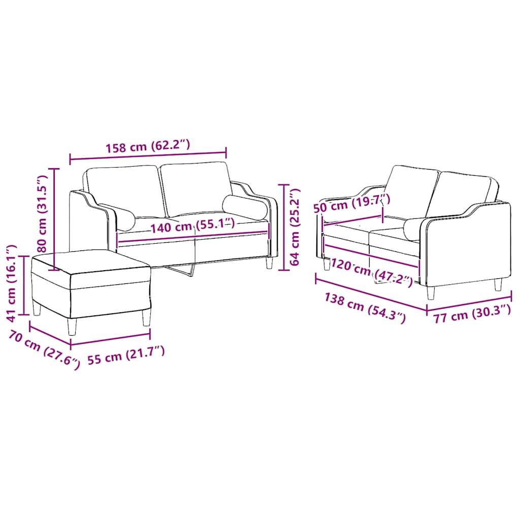 Set Divani 3 pz con Cuscini Grigio Chiaro in Tessuto