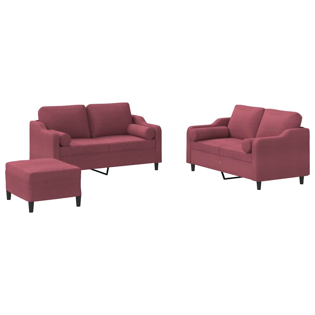 Set di Divani 3 pz con Cuscini Rosso Vino in Tessuto