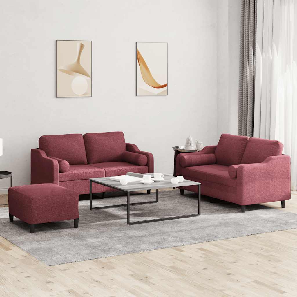 Set di Divani 3 pz con Cuscini Rosso Vino in Tessuto