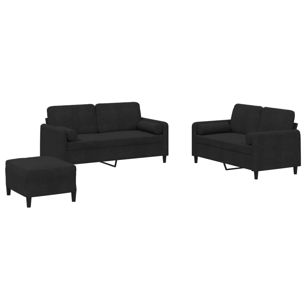 Set di Divani 3 pz con Cuscini Nero in Velluto