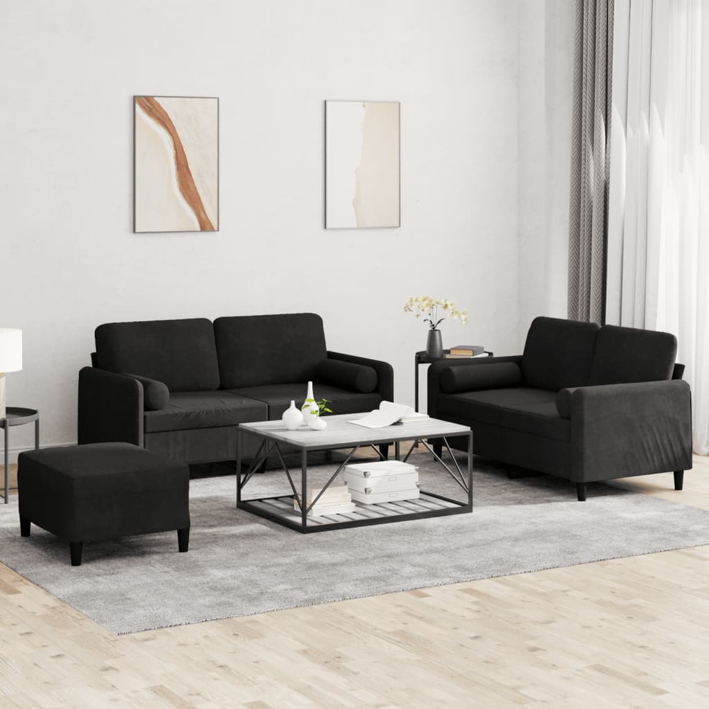 Set di Divani 3 pz con Cuscini Nero in Velluto