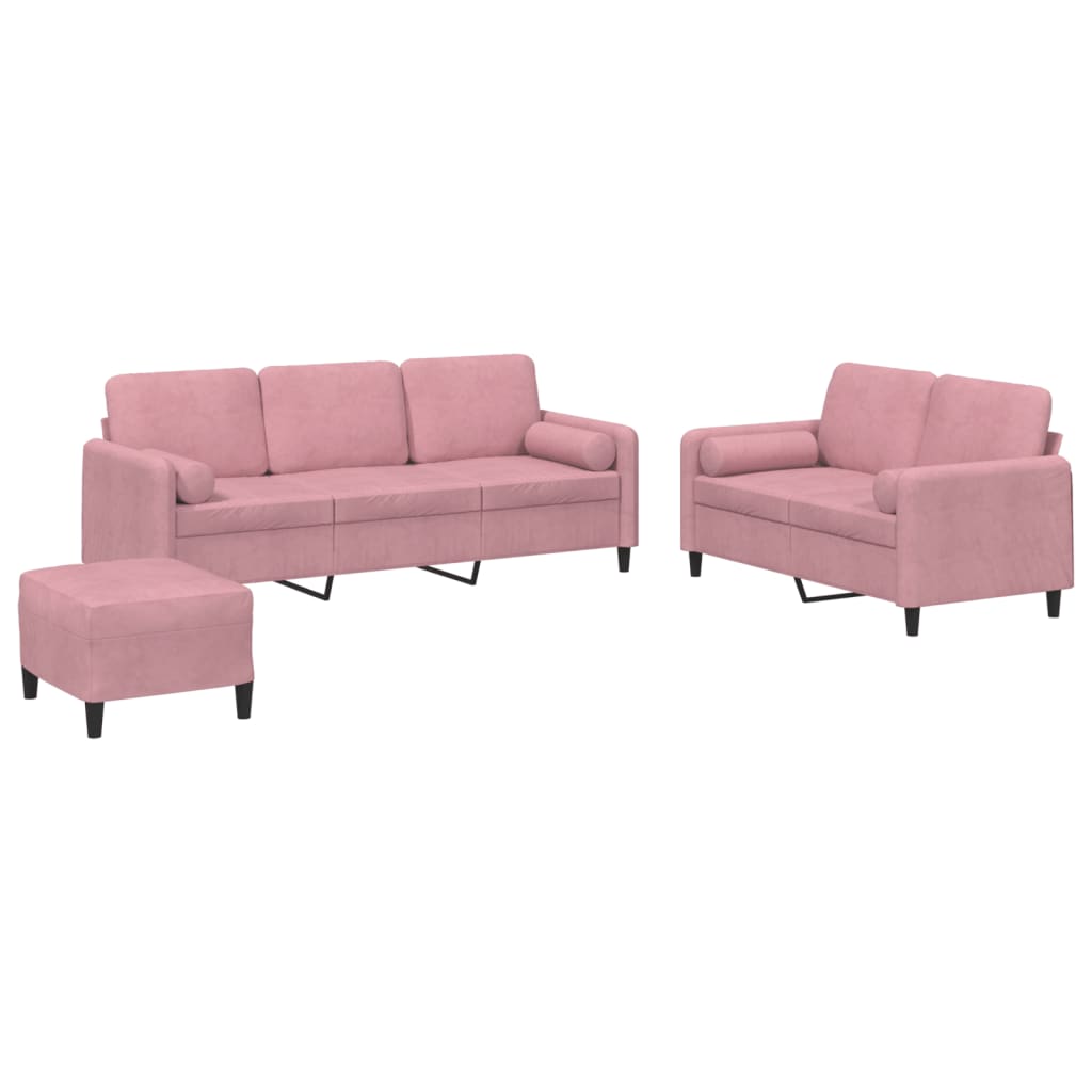 Set di Divani 3 pz con Cuscini Rosa in Velluto