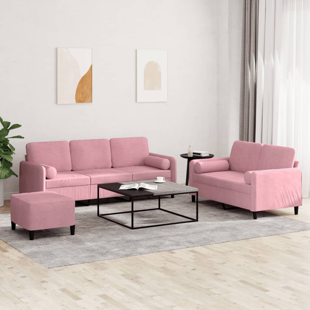 Set di Divani 3 pz con Cuscini Rosa in Velluto