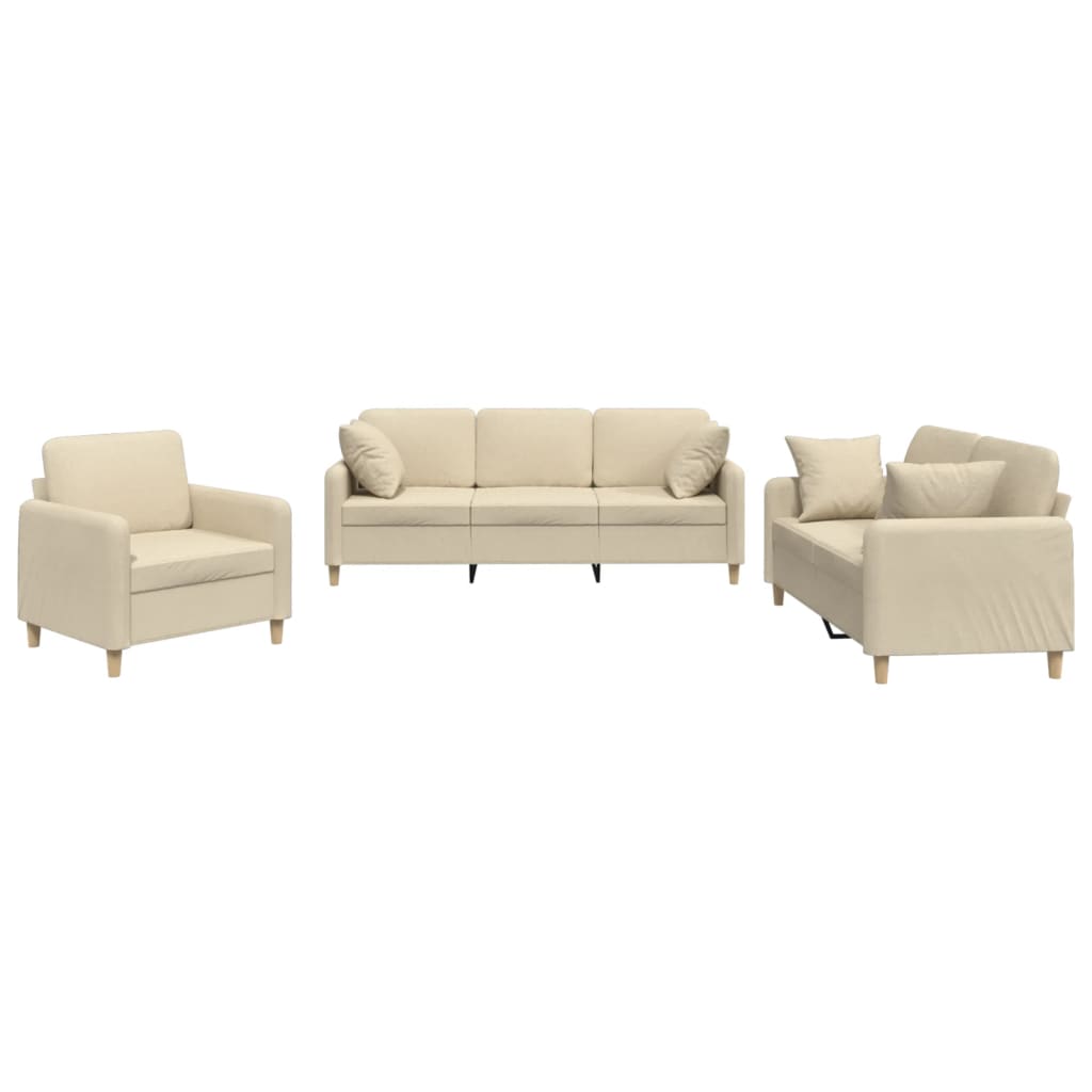 Set Divani 3 pz con Cuscini Crema in Tessuto