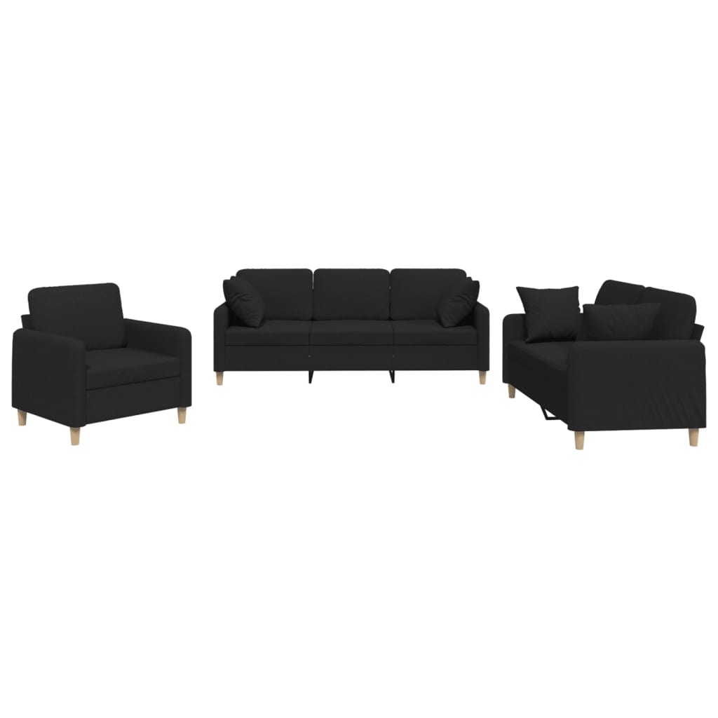 Set Divani 3 pz con Cuscini Nero in Tessuto