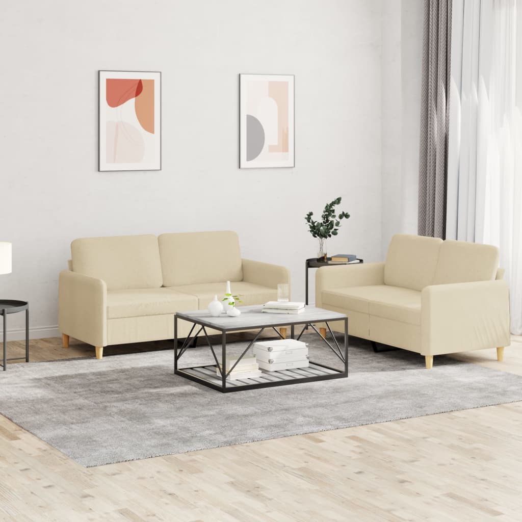 Set di Divani 2 pz con Cuscini Crema in Tessuto
