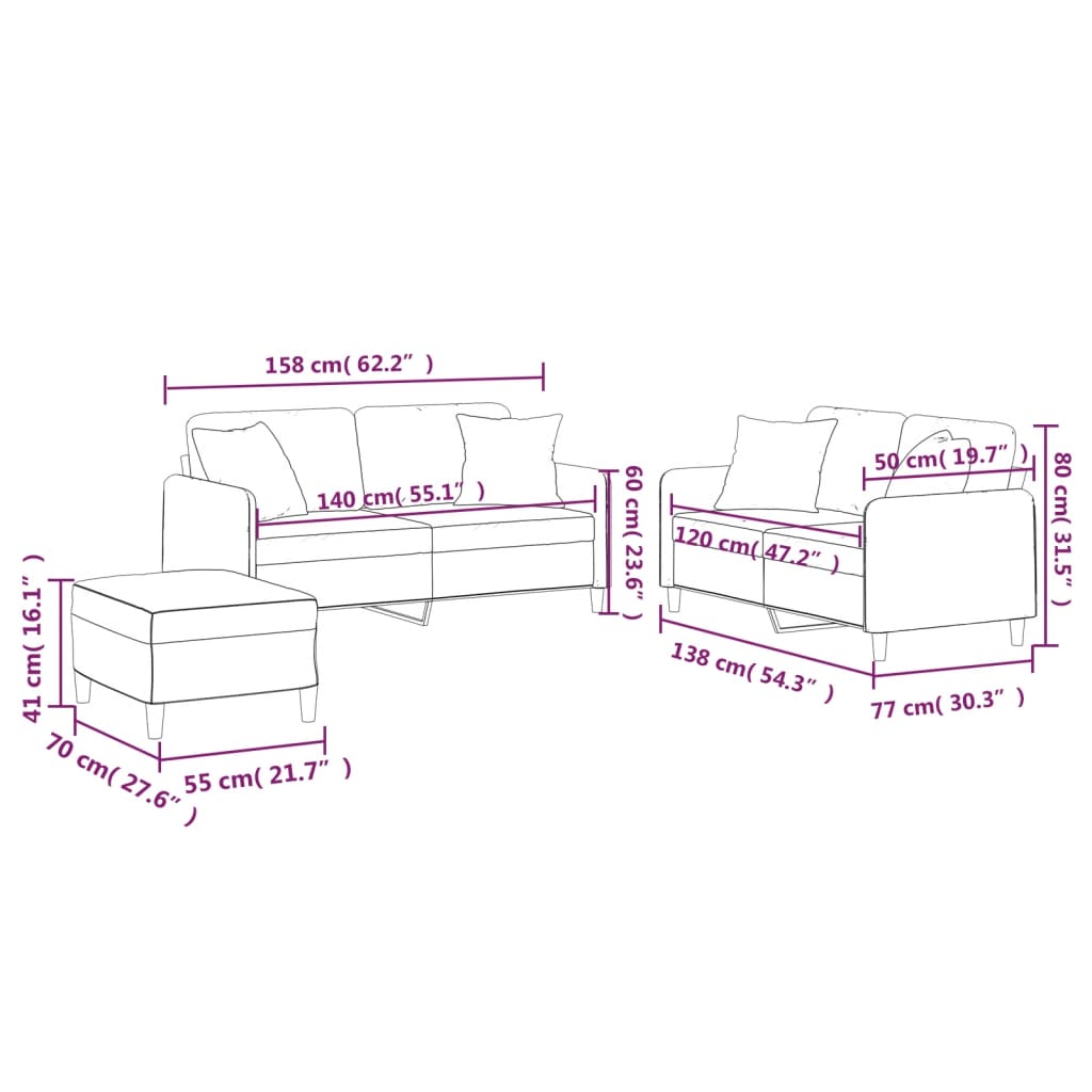 Set Divani 3 pz con Cuscini Tortora in Tessuto | homemem39