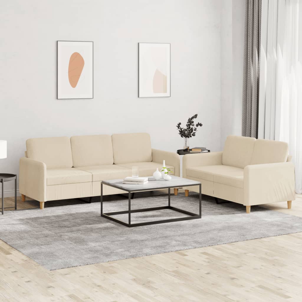 Set di Divani 2 pz con Cuscini Crema in Tessuto