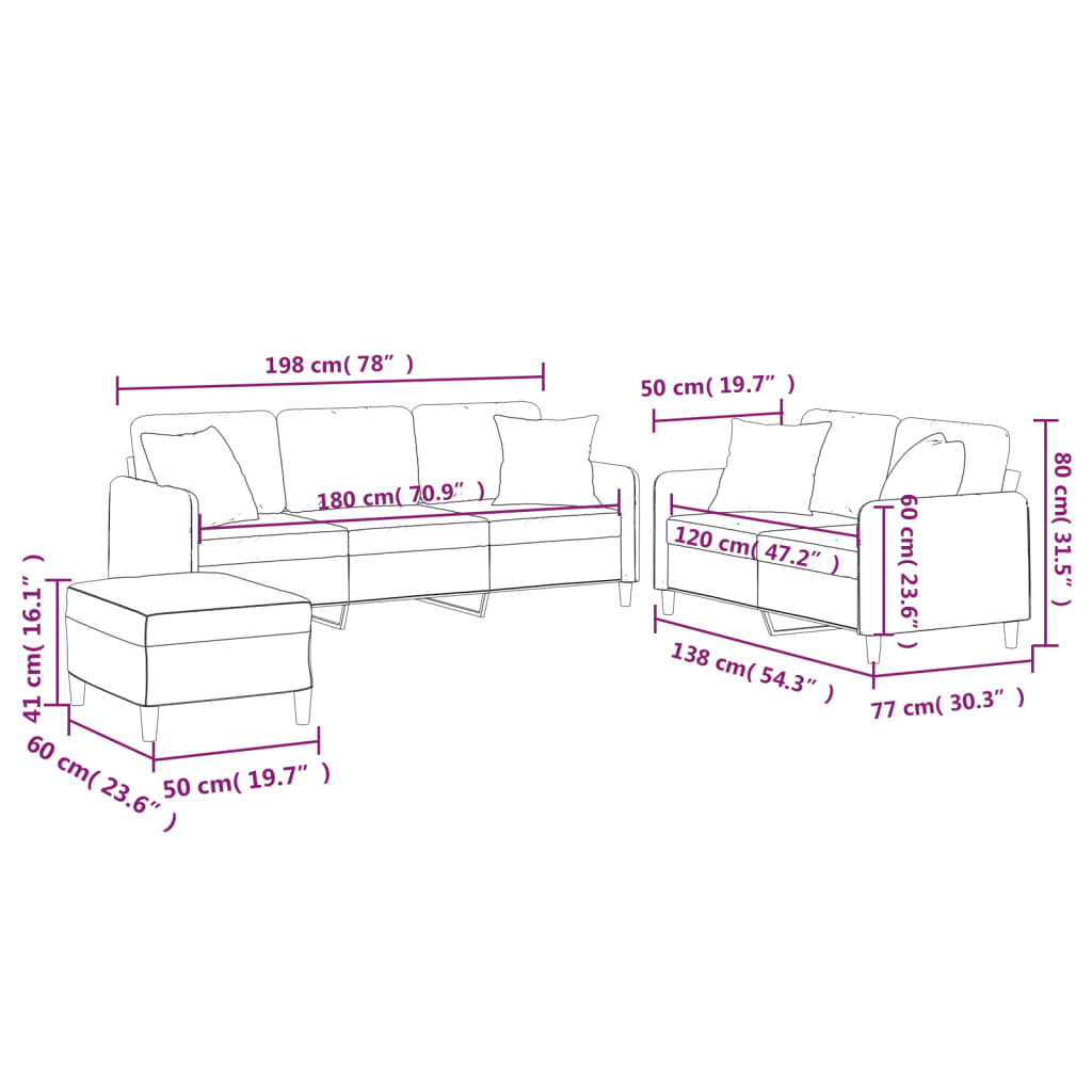 Set Divani 3 pz con Cuscini Crema in Tessuto