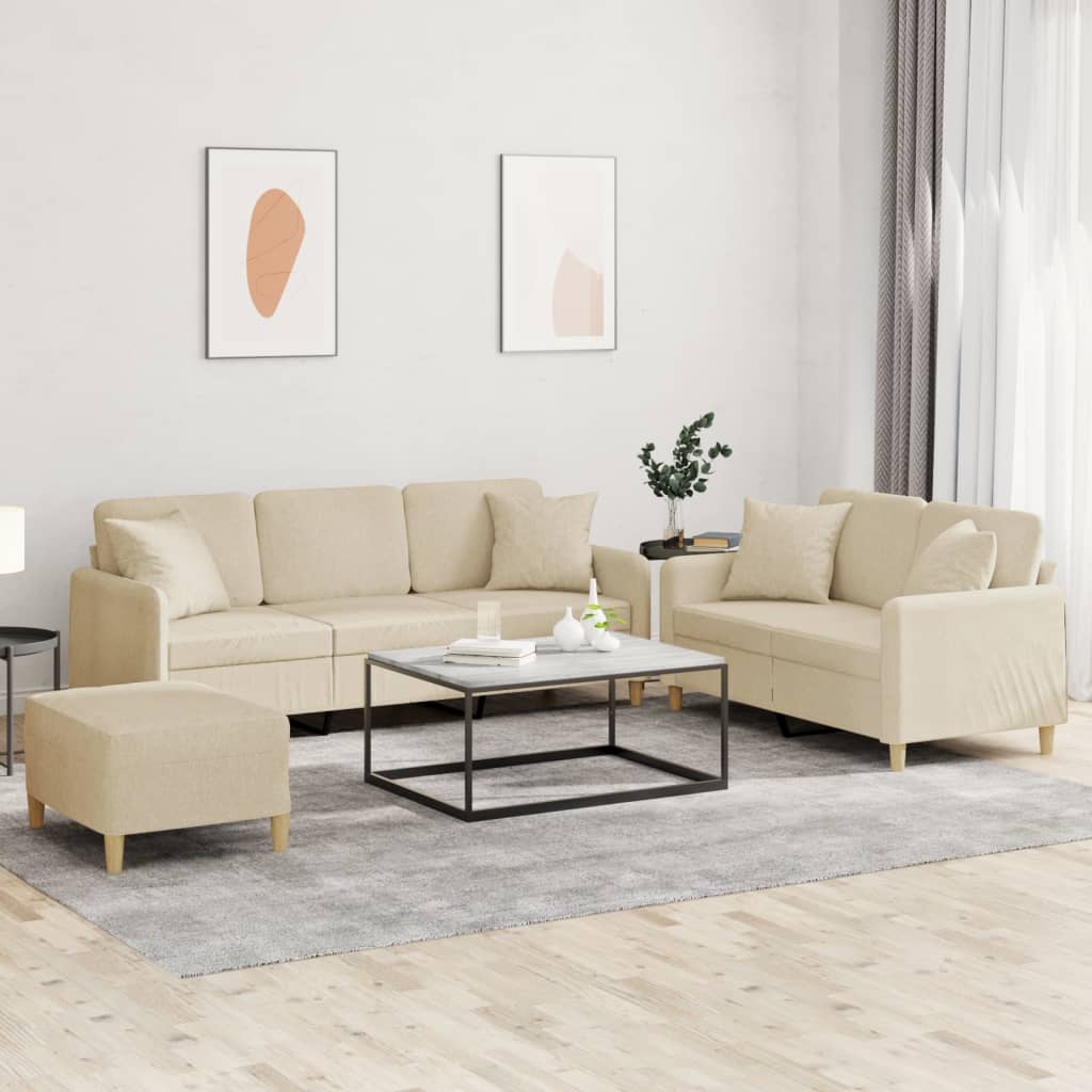 Set Divani 3 pz con Cuscini Crema in Tessuto