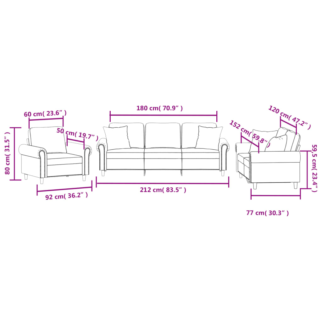 Set di Divani 3 pz con Cuscini Rosa in Velluto | homemem39