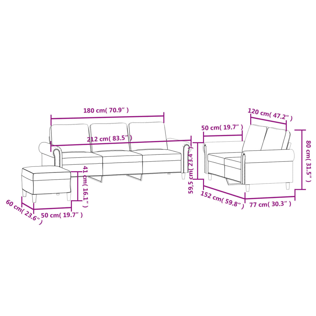 Set di Divani 3 pz con Cuscini rosa in Velluto | homemem39