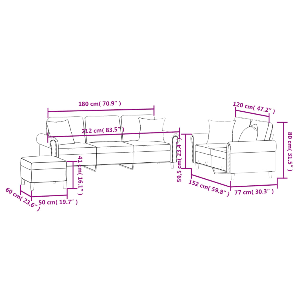 Set di Divani 3 pz con Cuscini Grigio Scuro in Velluto | homemem39
