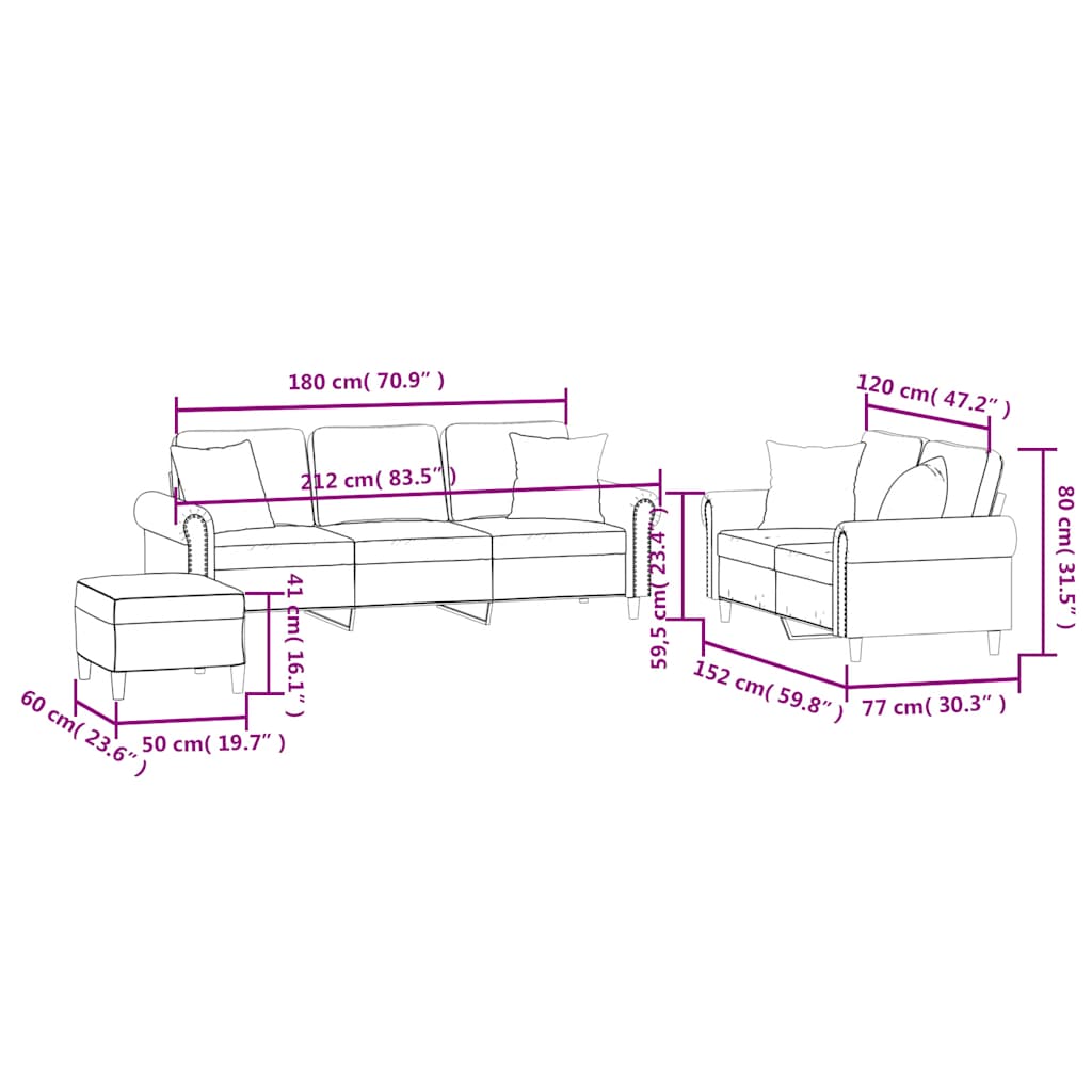 Set di Divani 3 pz con Cuscini Rosso Vino in Velluto | homemem39