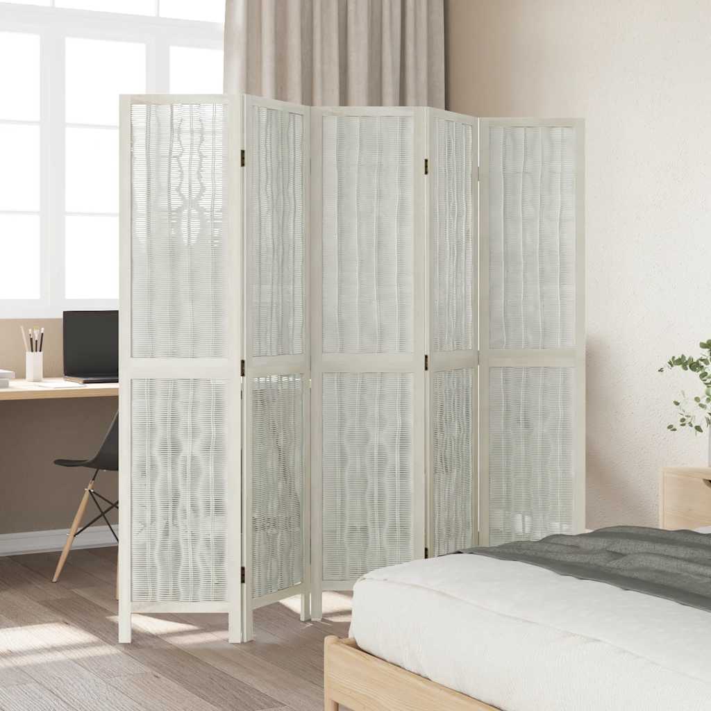 Divisorio Ambienti 5Pannelli Bianco Legno Massello di Paulownia - homemem39
