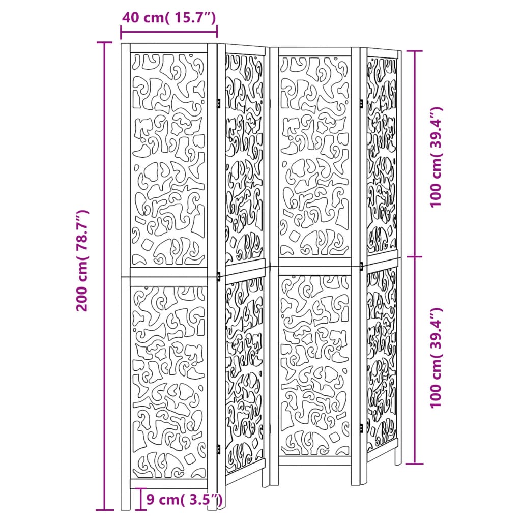 Divisorio Ambienti 4 Pannelli Nero Legno Massello di Paulownia - homemem39