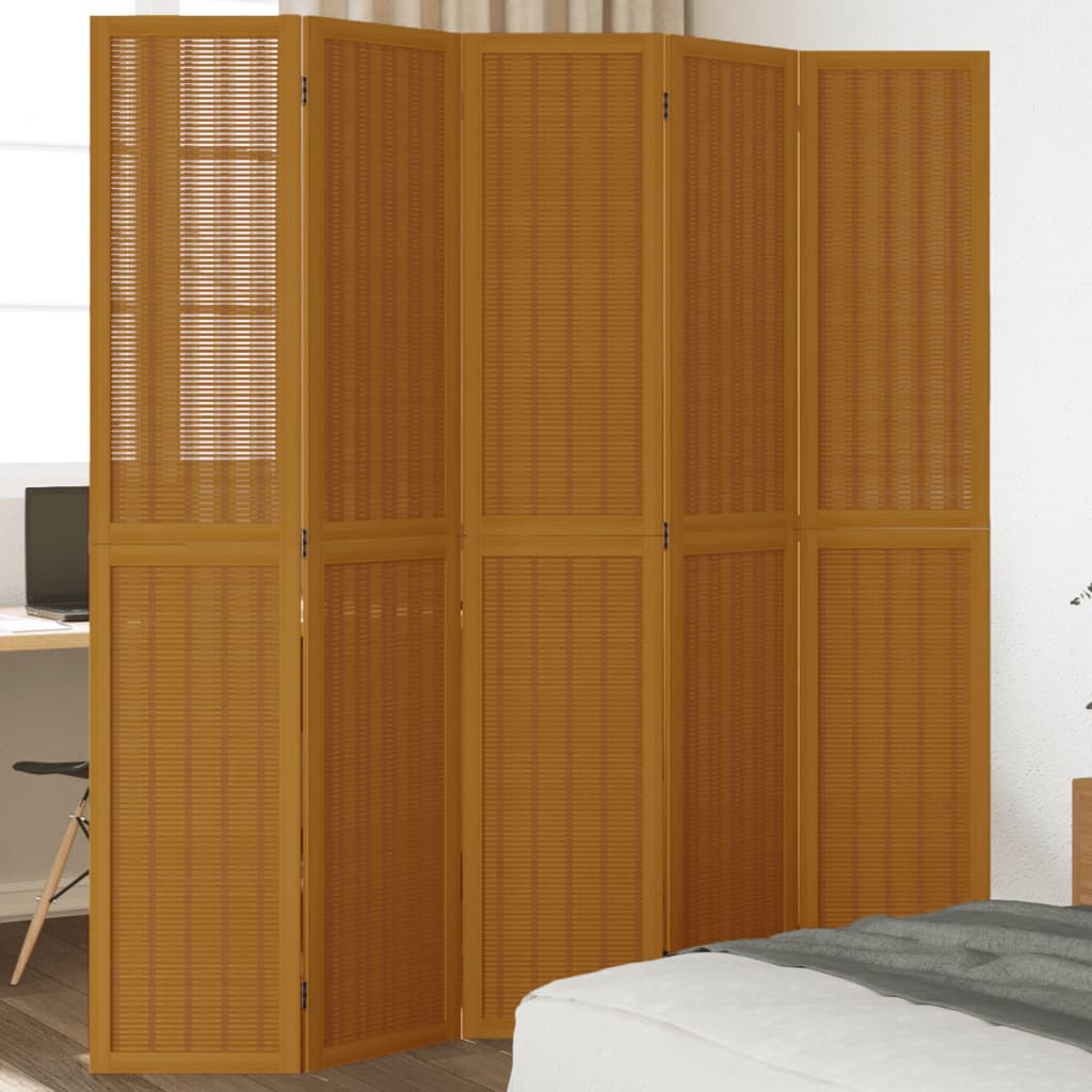 Divisorio Ambienti 5 Pannelli Marrone Legno Massello Paulownia - homemem39