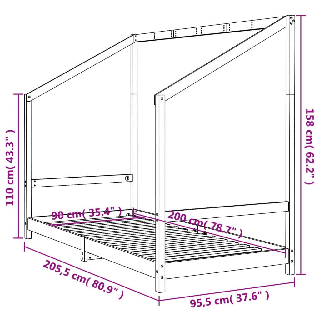 Giroletto per Bambini Nero 90x200 cm in Legno Massello di Pino - homemem39