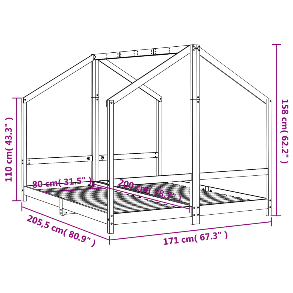 Giroletto per Bambini Nero 2x(80x200) cm Legno Massello di Pino | homemem39