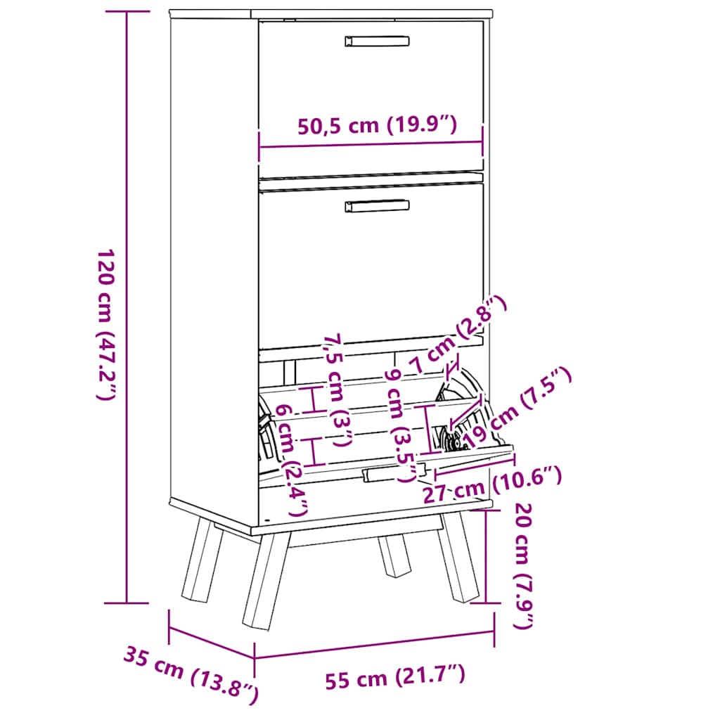 Scarpiera OLDEN Marrone 55x35x120 cm in Legno Massello di Pino - homemem39