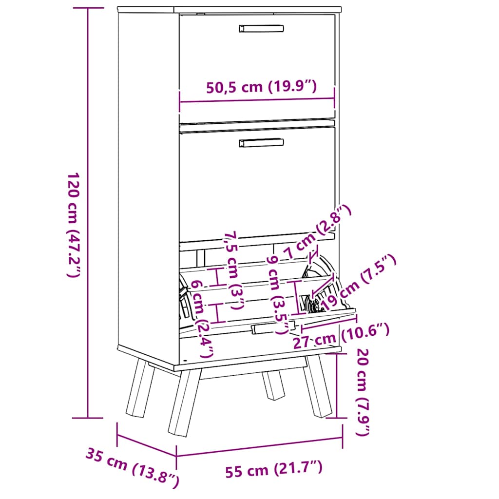 Scarpiera OLDEN Grigia Marrone 55x35x120 cm Legno Massello Pino - homemem39