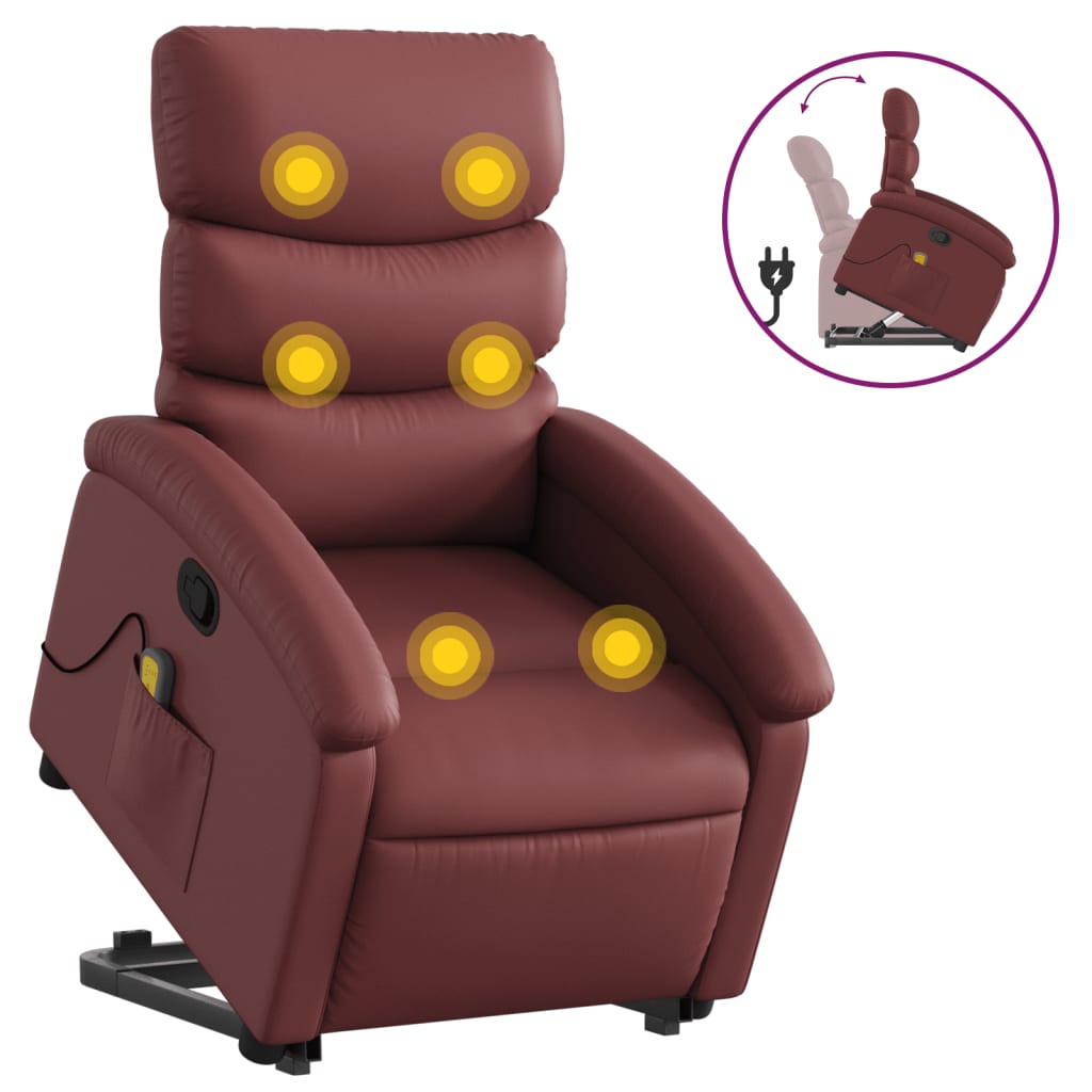 Poltrona Alzapersone Massaggi Reclinabile Rosso Vino Similpelle - homemem39