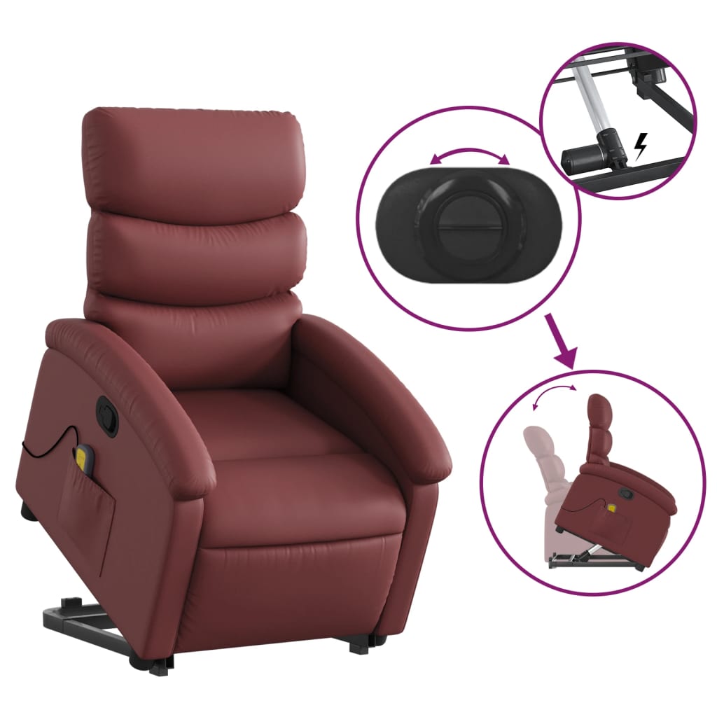Poltrona Alzapersone Massaggi Reclinabile Rosso Vino Similpelle - homemem39
