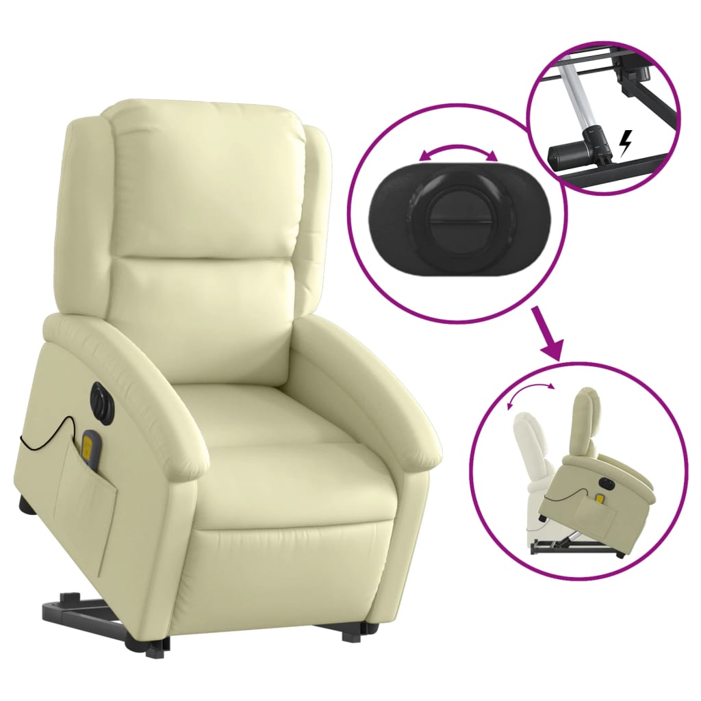 Poltrona Alzapersona Massaggi Reclinabile Elettrica Crema Pelle | homemem39